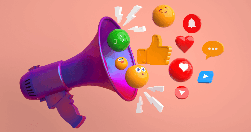 Ilustração de megafone com ícones de redes sociais representando o impacto das métricas de Meta ADS no alcance e engajamento das campanhas