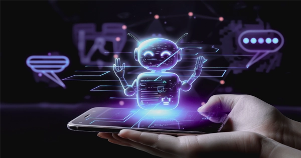 Representação digital de chatbots em um smartphone, destacando sua aplicação no atendimento ao cliente e vendas automatizadas.