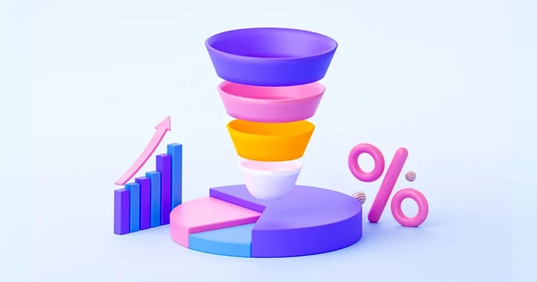 Ilustração colorida representando as etapas do funil de vendas, com gráficos e porcentagens, simbolizando a jornada do cliente.