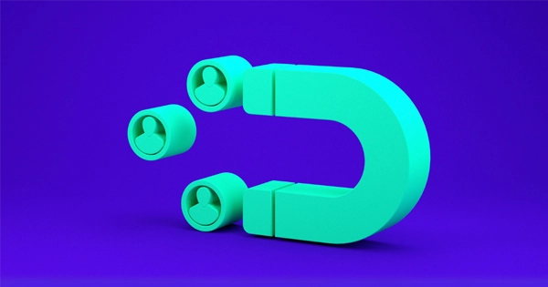 Ilustração de um ímã azul atraindo ícones de pessoas, representando o conceito de geração de leads no marketing digital