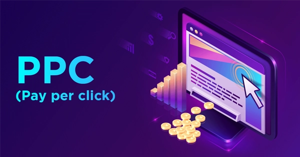 lustração de tela de computador com cursor clicando e moedas, representando estratégias de pay per click no marketing digital